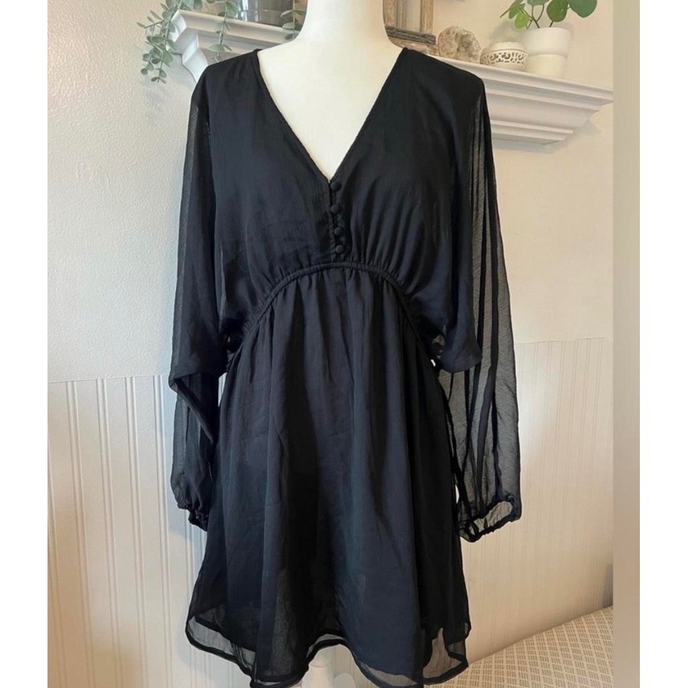 A New Day Womens Black V-Neck Long Sleeve Chiffon Mini Dress Size L Pockets‎